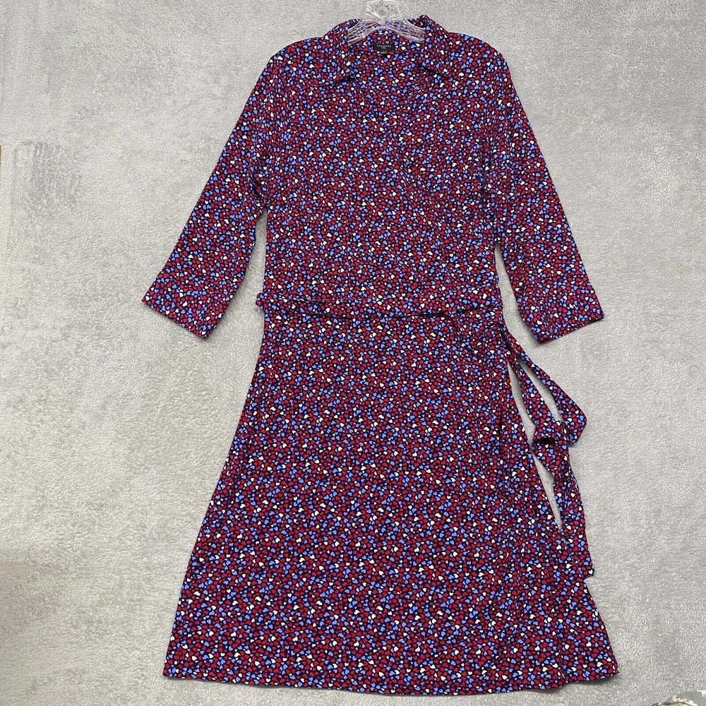 Talbots Womens Dress Size 0X Red Blue Hearts Knit V Neck Knee Length Belted